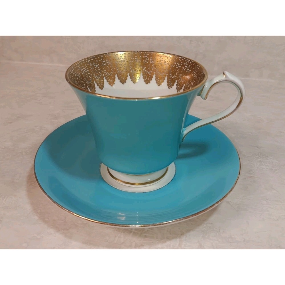 AYNSLEY #2965 corset Shape Cup & Saucer Blue Gold Filigree Lace HTF England MCM